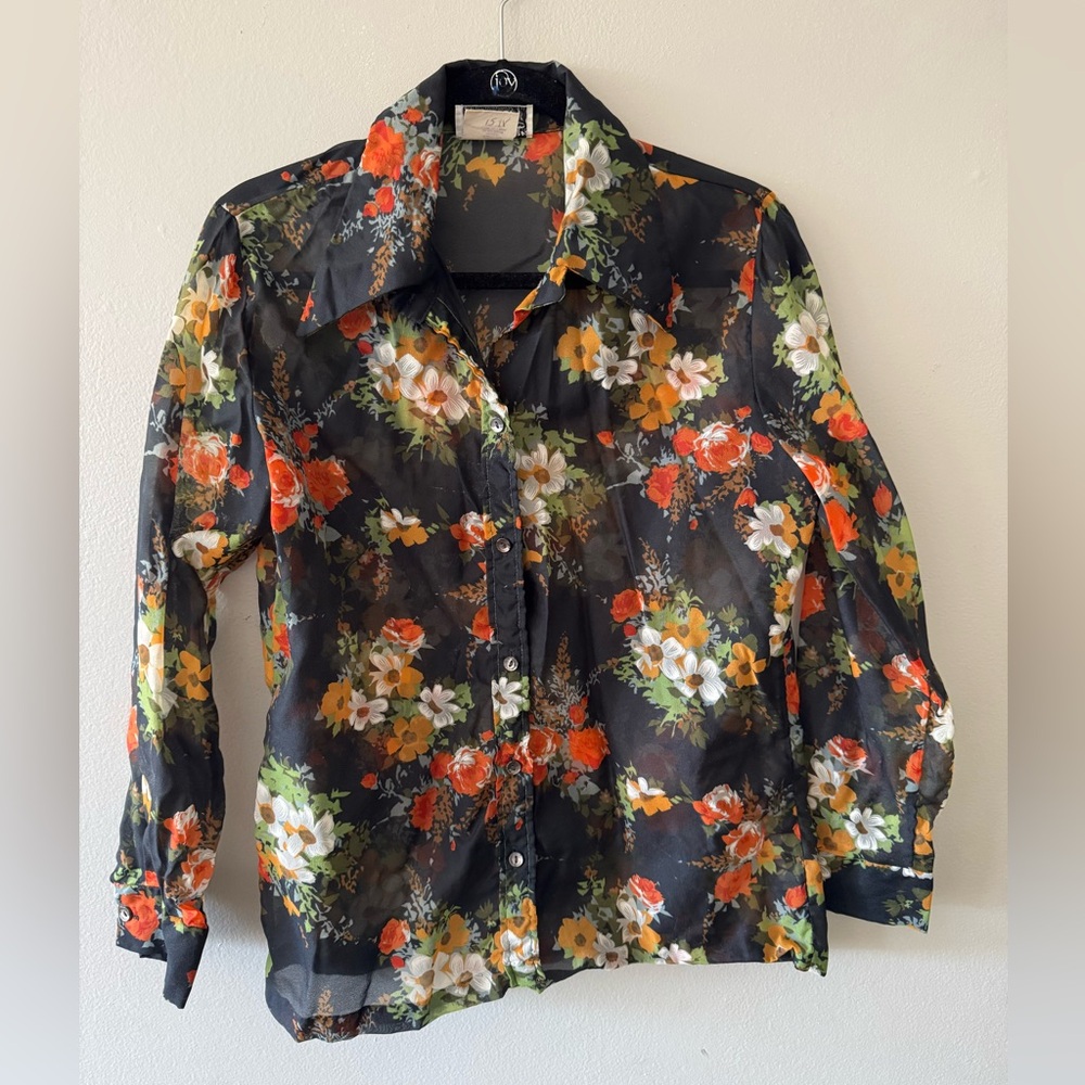 Vintage 1970s Lady Winn California by Teddi sheer black floral button up blouse
